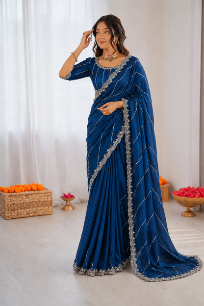 Burberry Chiffon Khatli Handwork Saree Set