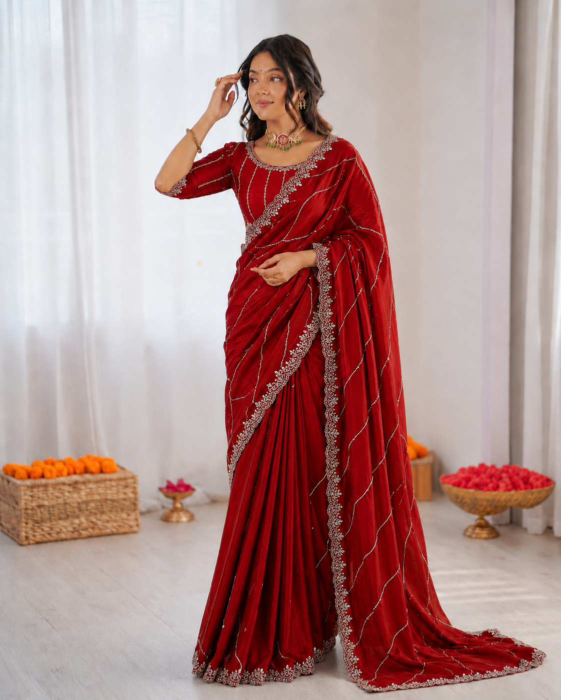 Burberry Chiffon Khatli Handwork Saree Set