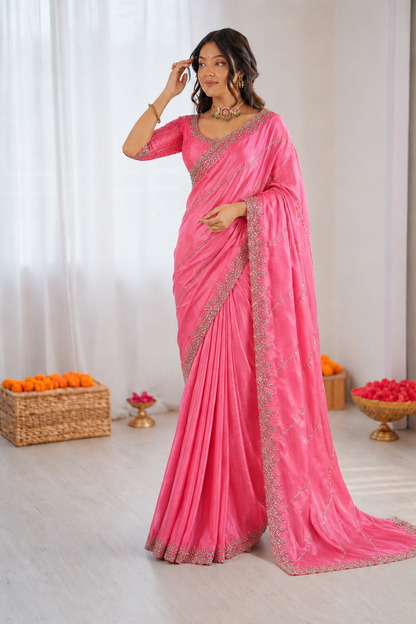 Burberry Chiffon Khatli Handwork Saree Set