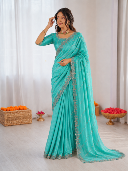Burberry Chiffon Khatli Handwork Saree Set