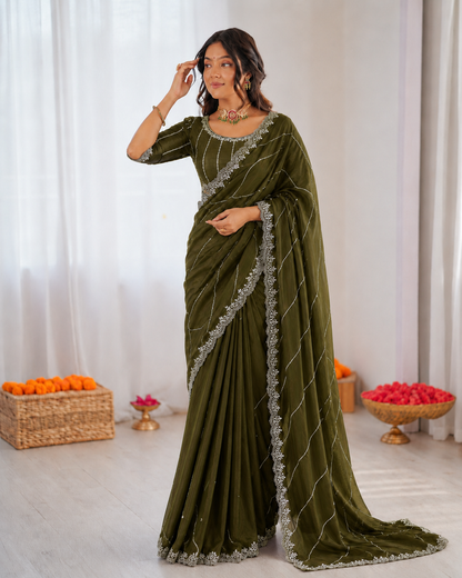 Burberry Chiffon Khatli Handwork Saree Set