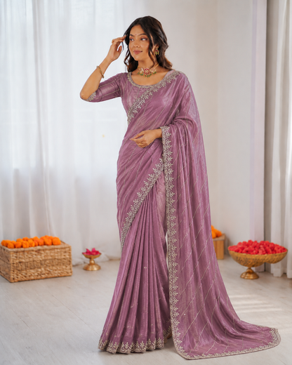 Burberry Chiffon Khatli Handwork Saree Set