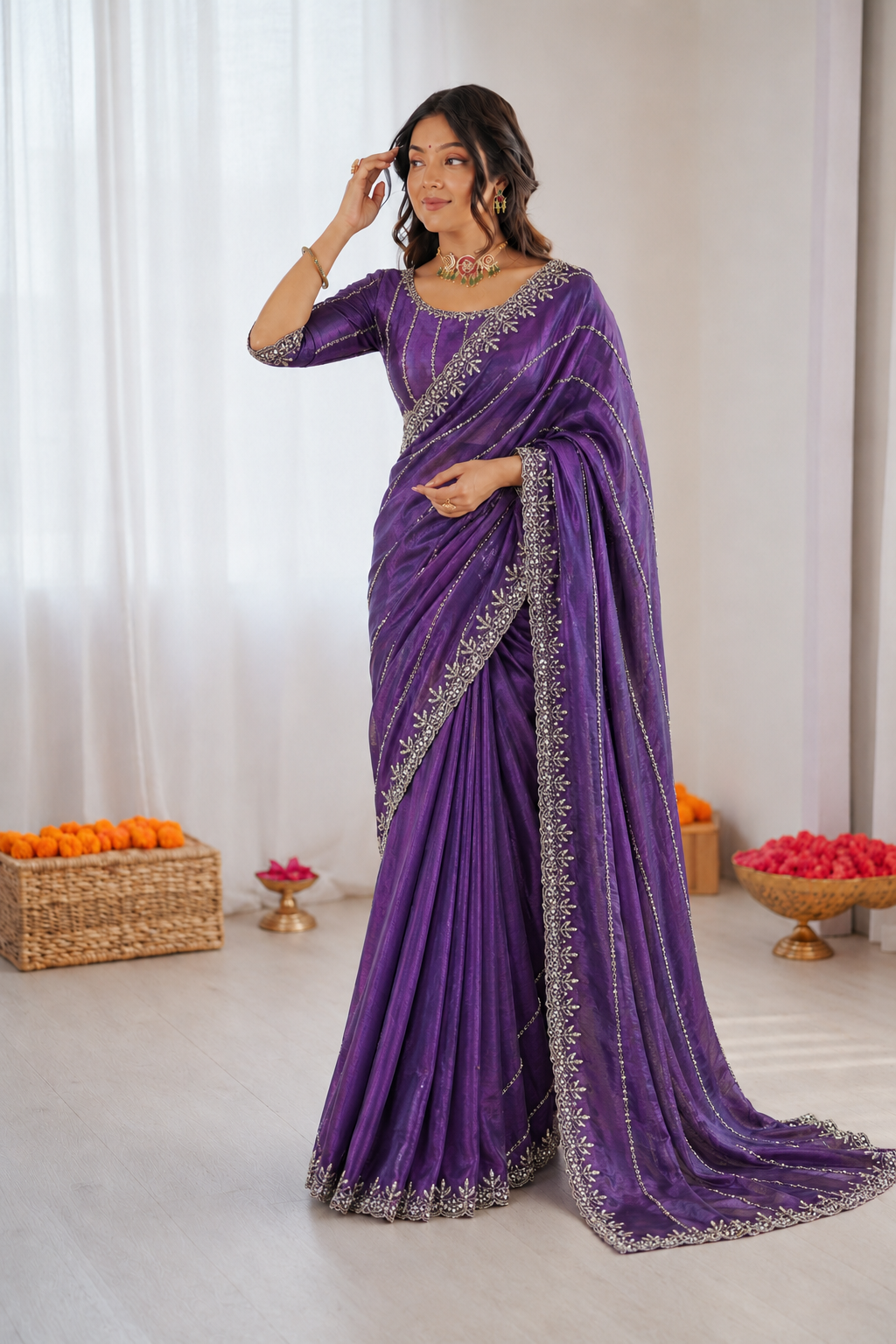 Burberry Chiffon Khatli Handwork Saree Set