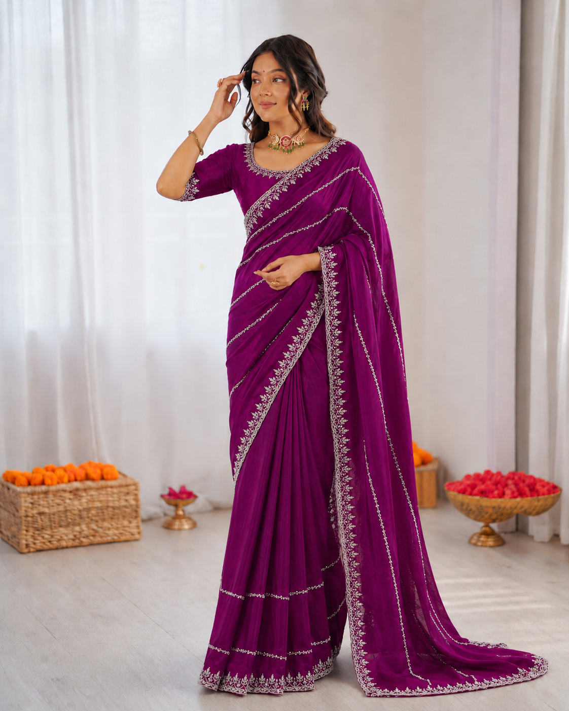 Burberry Chiffon Khatli Handwork Saree Set