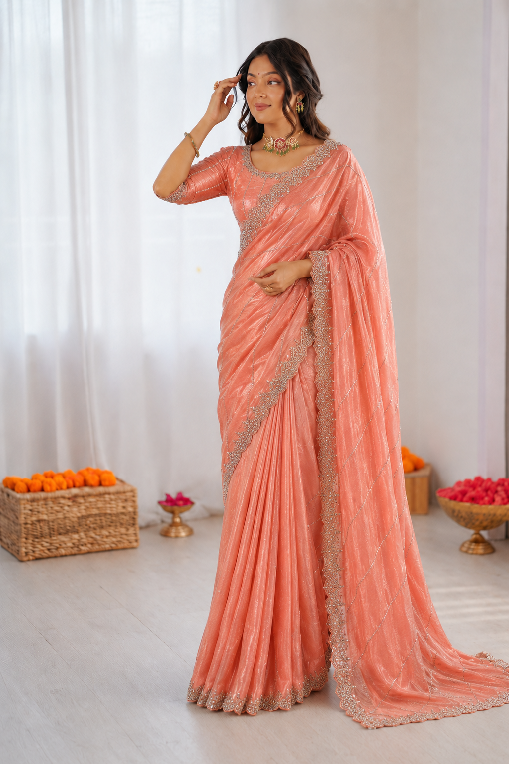 Burberry Chiffon Khatli Handwork Saree Set