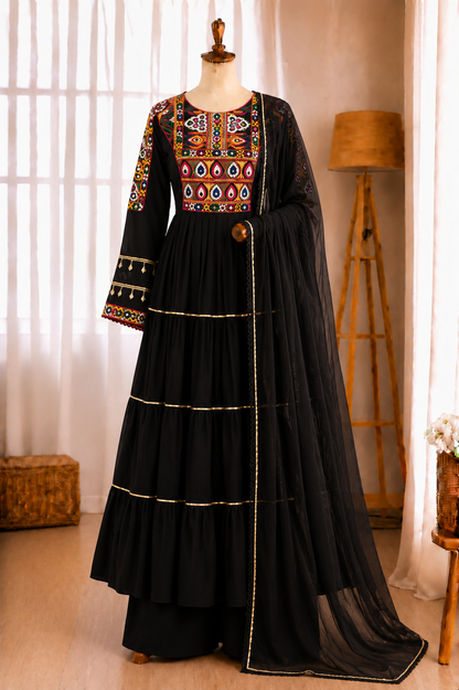 Kora Cotton Kutchi Gamthi Mirror Work Gown