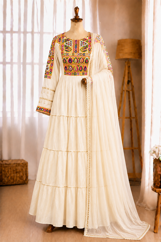 Kora Cotton Kutchi Gamthi Mirror Work Gown
