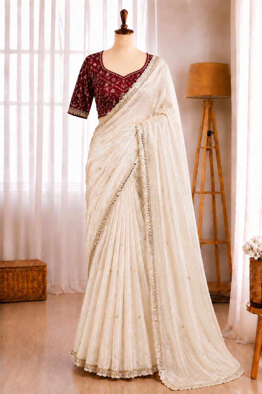 Soft Space Silk Embroidery Sequence Work Saree