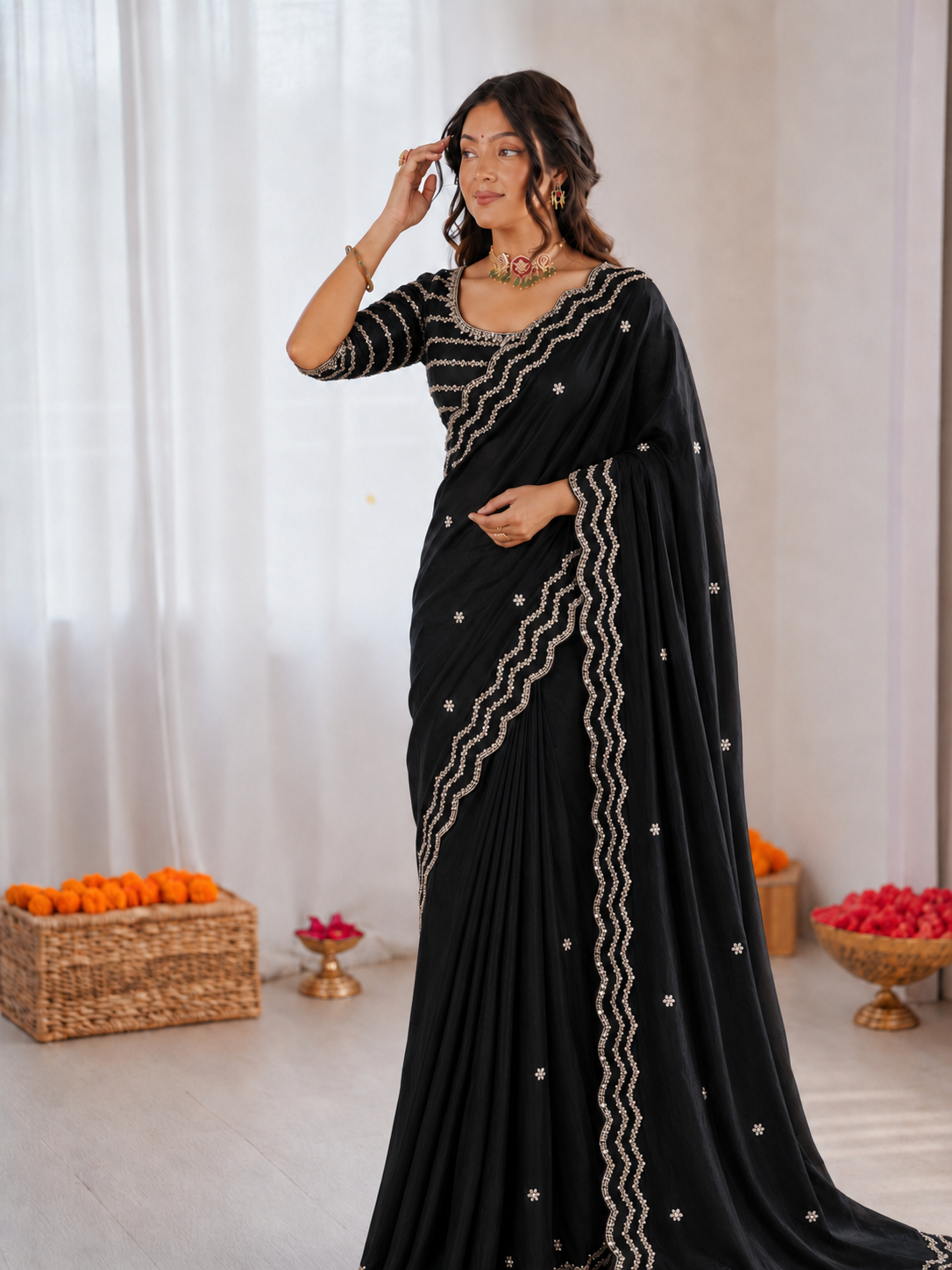 Pure Space Silk Cutdana Handwork Saree Set