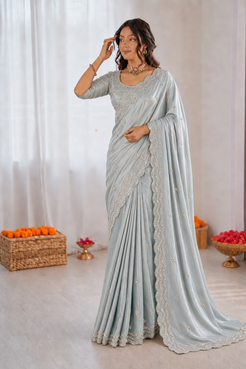 Pure Space Silk Cutdana Handwork Saree Set