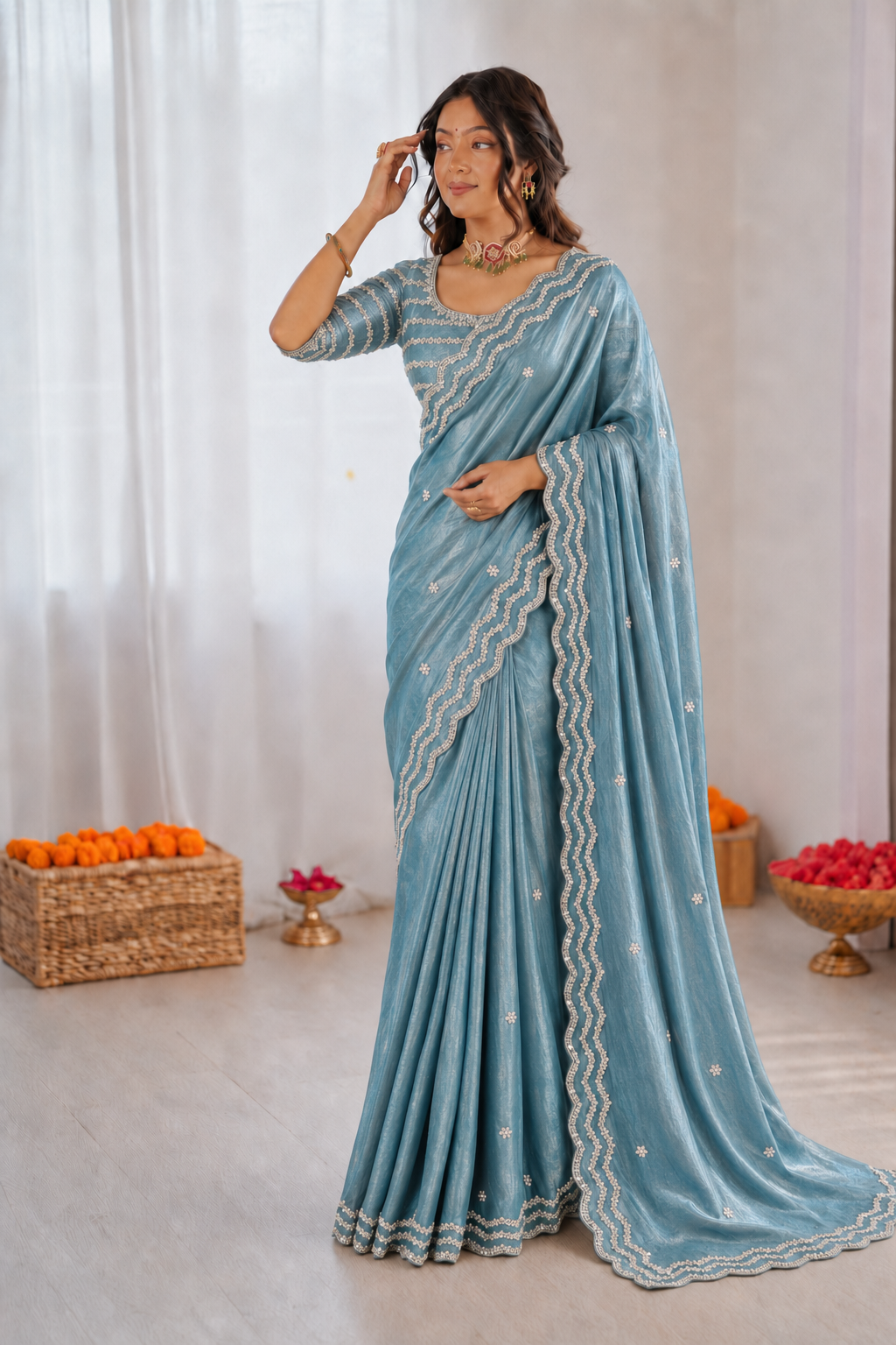 Pure Space Silk Cutdana Handwork Saree Set