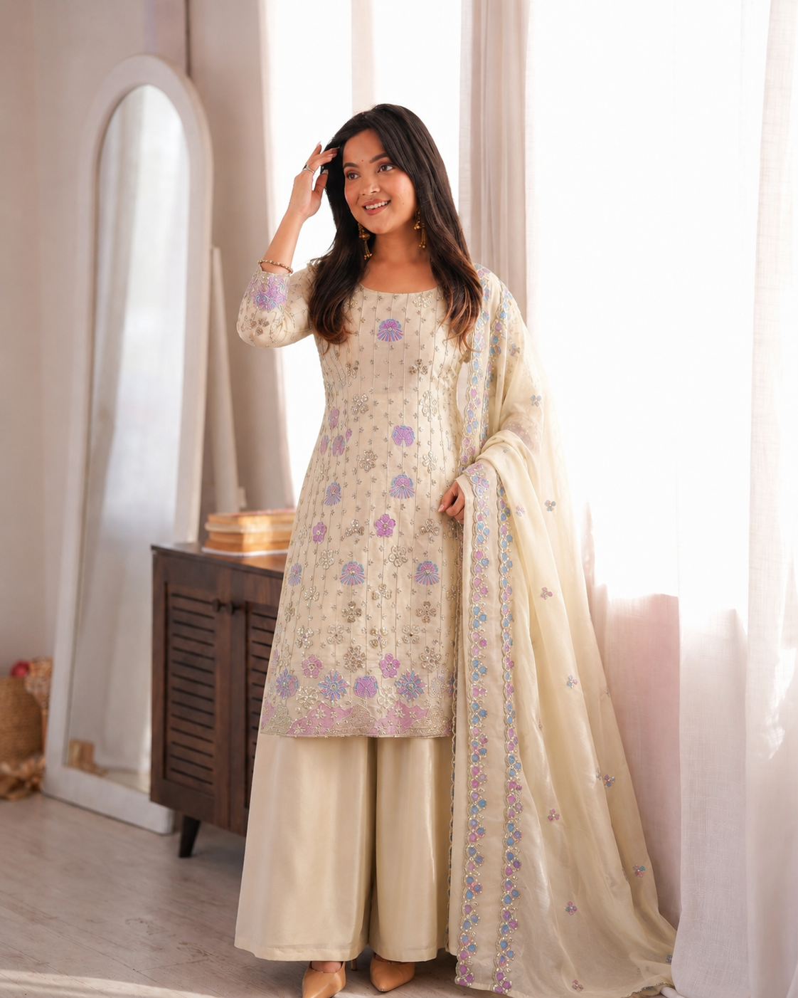 Vichitra Silk Embroidered Plazzo Suit Set