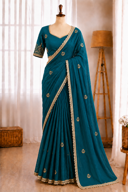 Rangoli Crush Silk Embroidery Sequence Butta Mirror Lace Work Saree