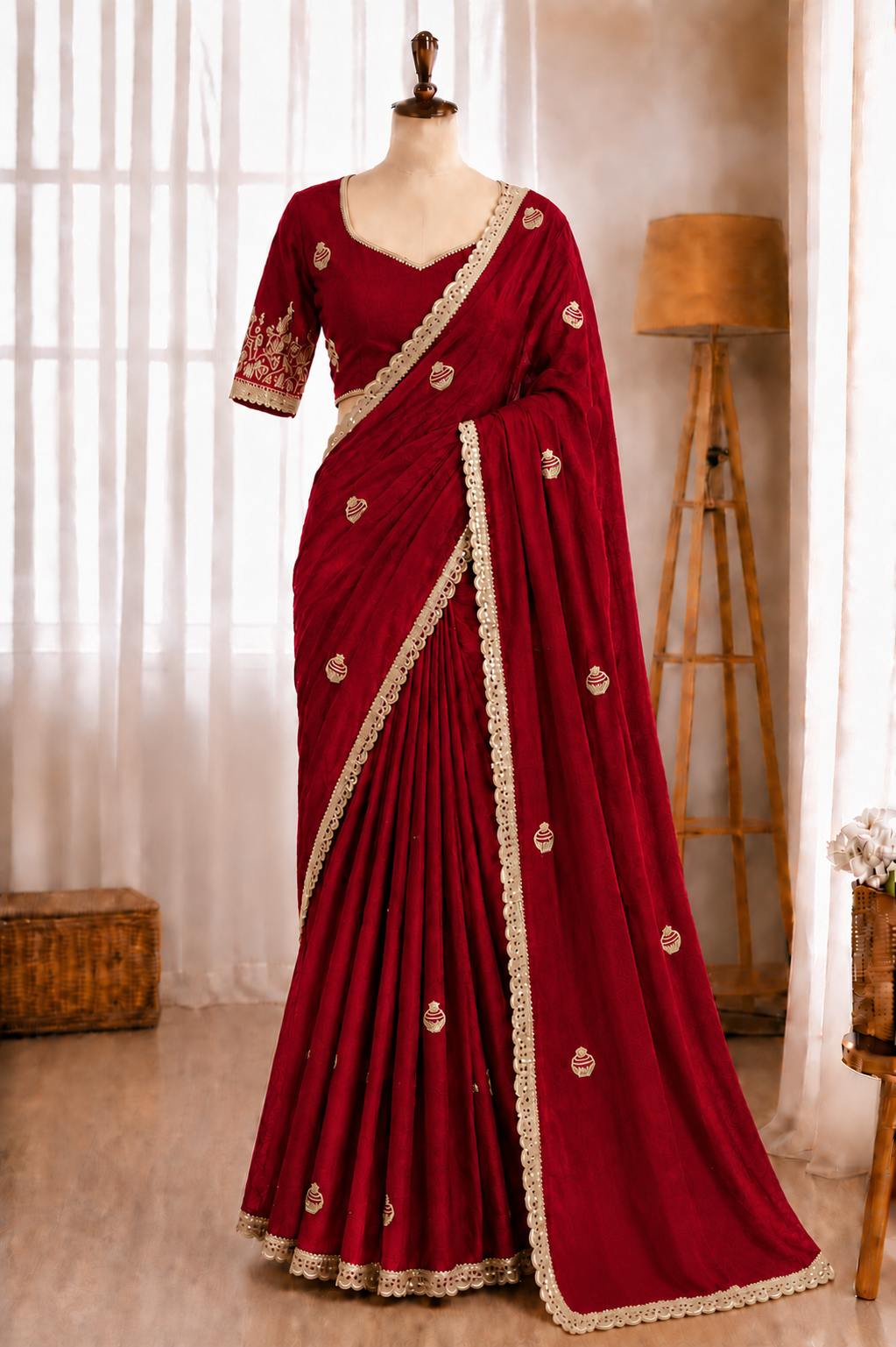 Rangoli Crush Silk Embroidery Sequence Butta Mirror Lace Work Saree