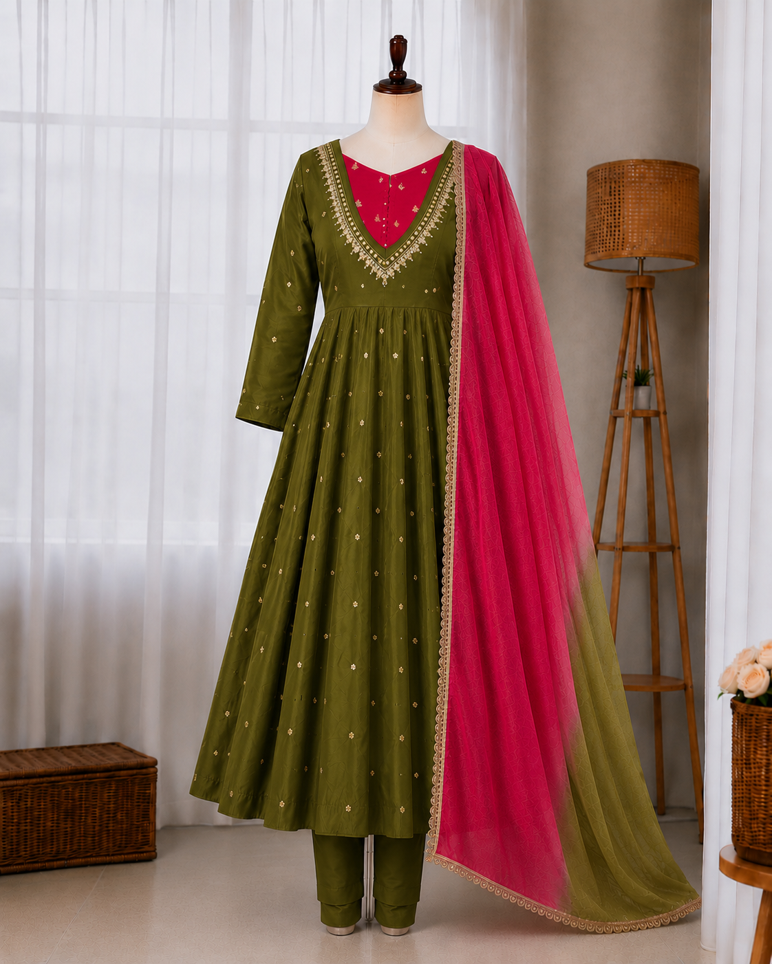 Roman Silk Embroidery Sequence & Real Mirror Work Gown