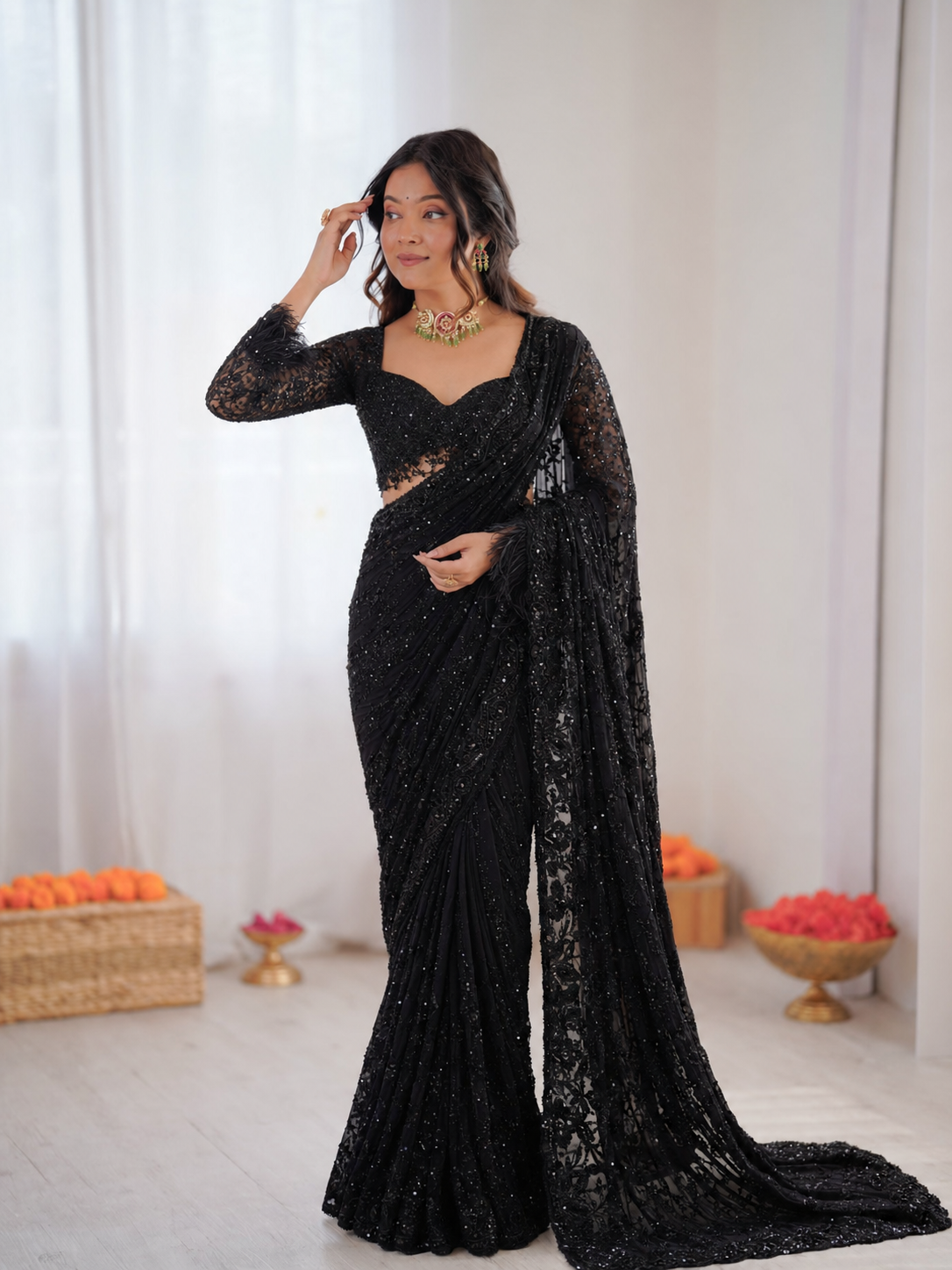 Faux Georgette Embroidered Saree Set