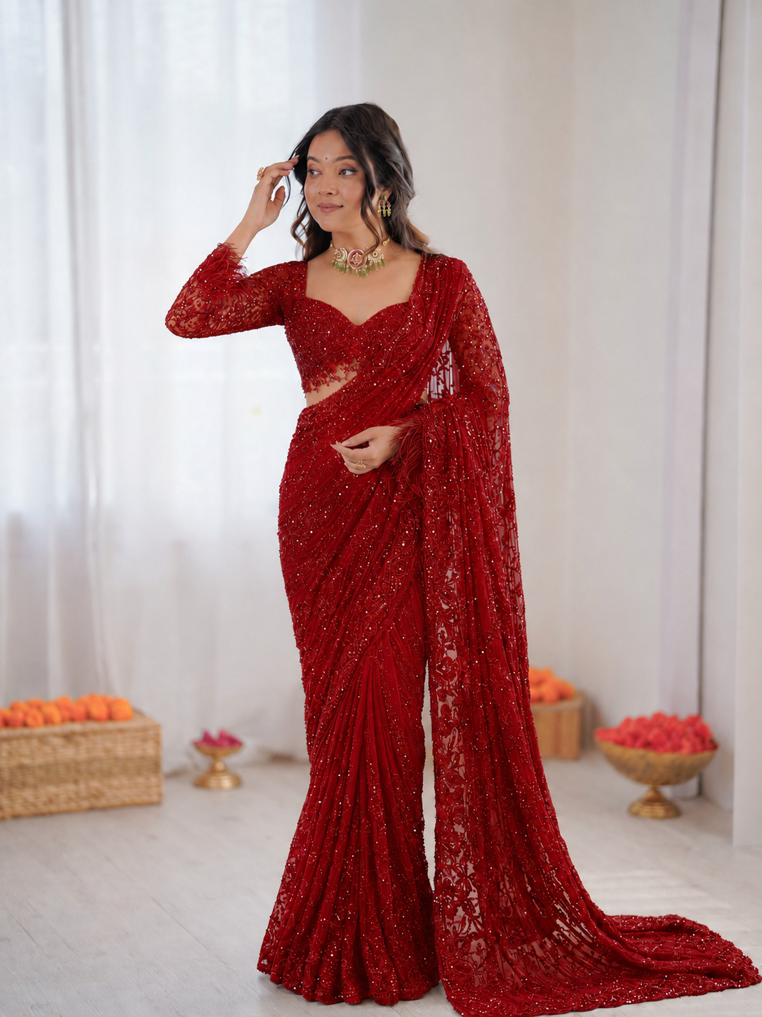 Faux Georgette Embroidered Saree Set