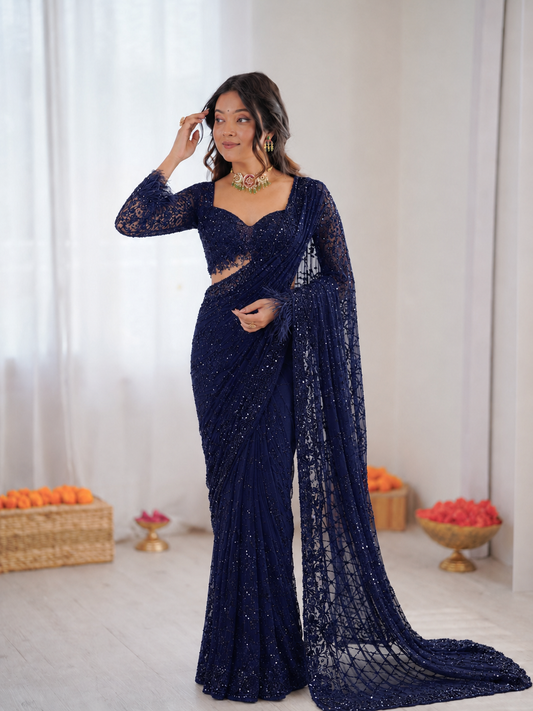 Faux Georgette Embroidered Saree Set