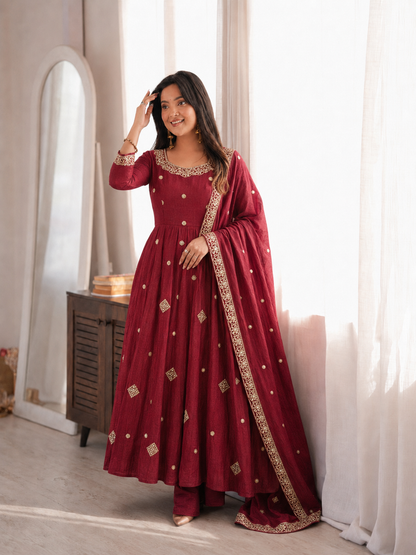 Crunchy Silk Embroidered Gown Suit Set