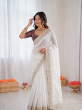 Beautiful Soft Fandy Satin Silk With Embroidery Sequence Work Saree
