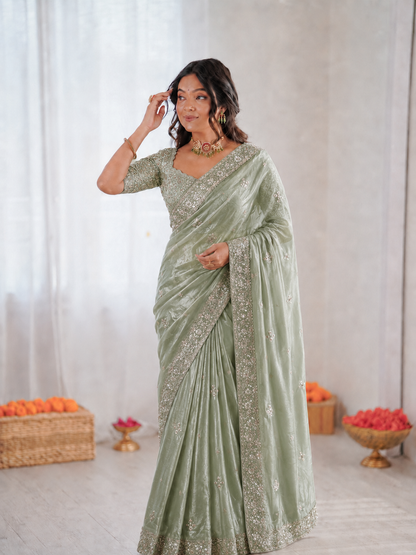 Beautiful Soft Fandy Satin Silk With Embroidery Sequence Work Saree