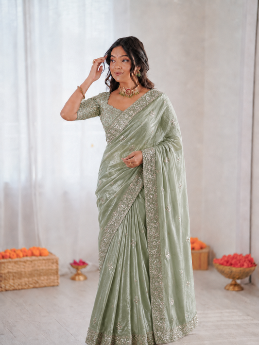 Beautiful Soft Fandy Satin Silk With Embroidery Sequence Work Saree