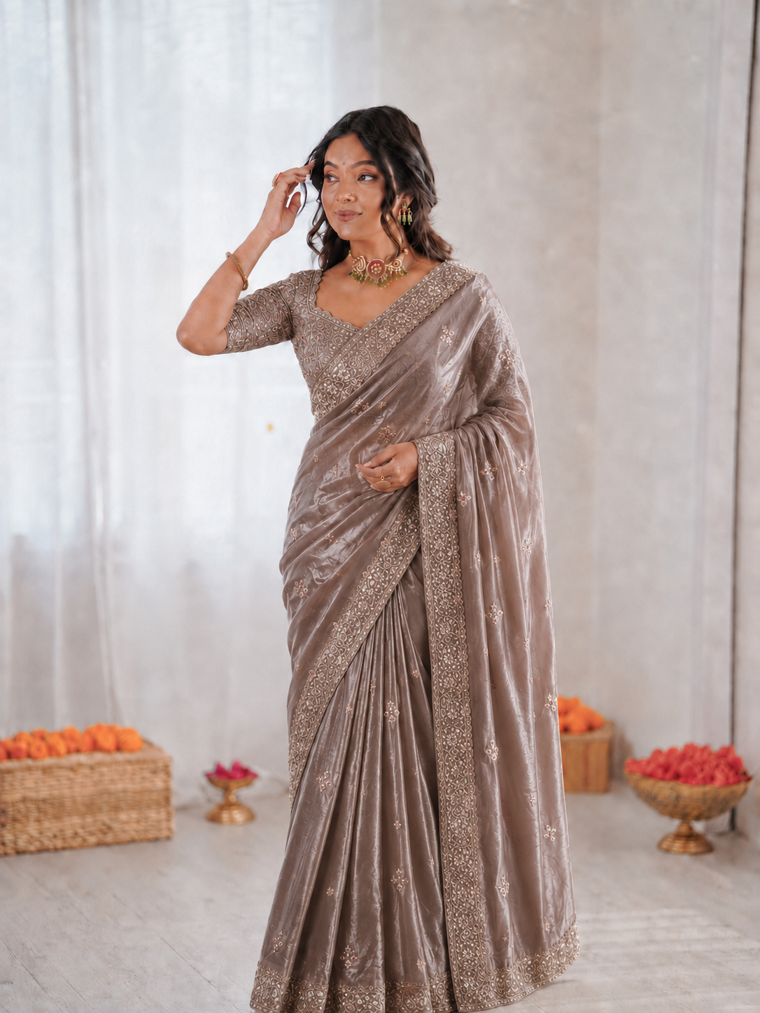 Beautiful Soft Fandy Satin Silk With Embroidery Sequence Work Saree