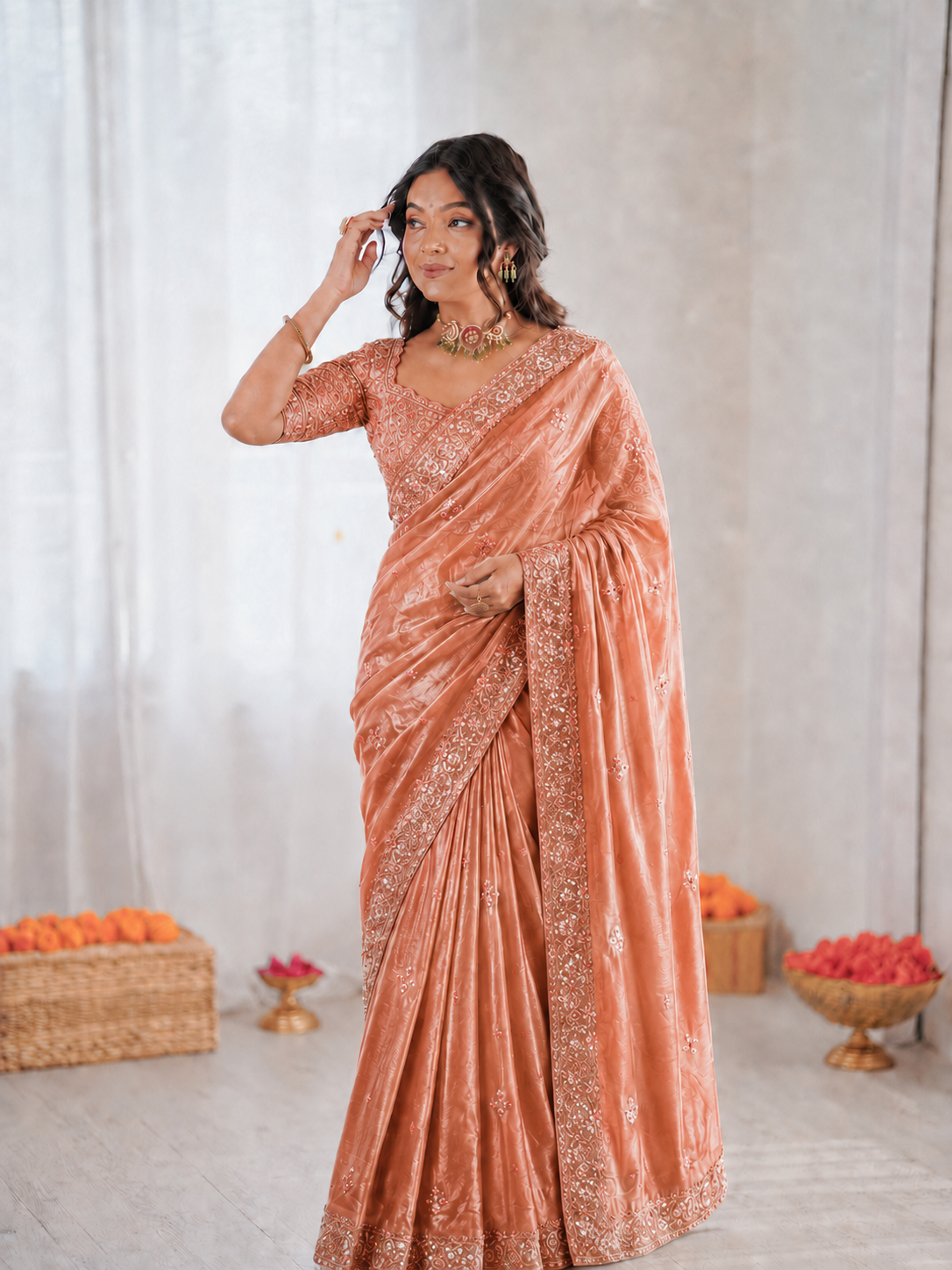 Beautiful Soft Fandy Satin Silk With Embroidery Sequence Work Saree