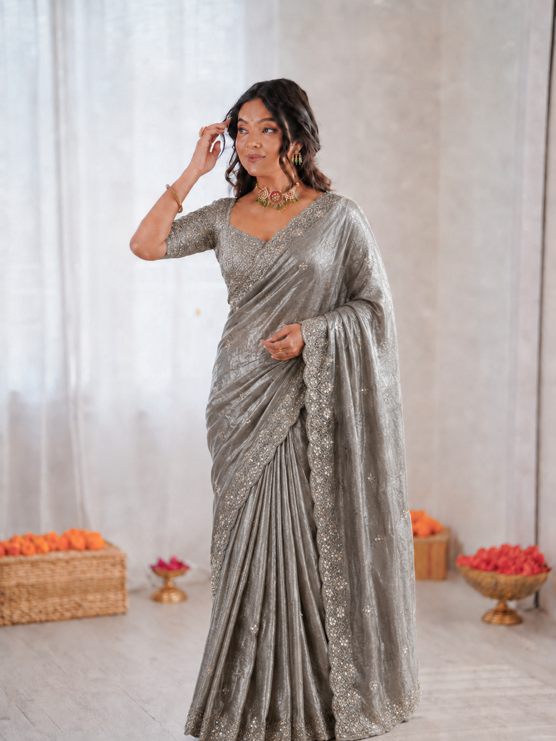 Beautiful Soft Fandy Satin Silk With Embroidery Sequence Work Saree