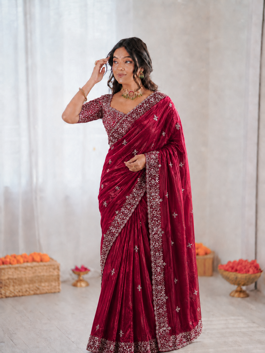 Beautiful Soft Fandy Satin Silk With Embroidery Sequence Work Saree