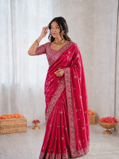 Beautiful Soft Fandy Satin Silk With Embroidery Sequence Work Saree