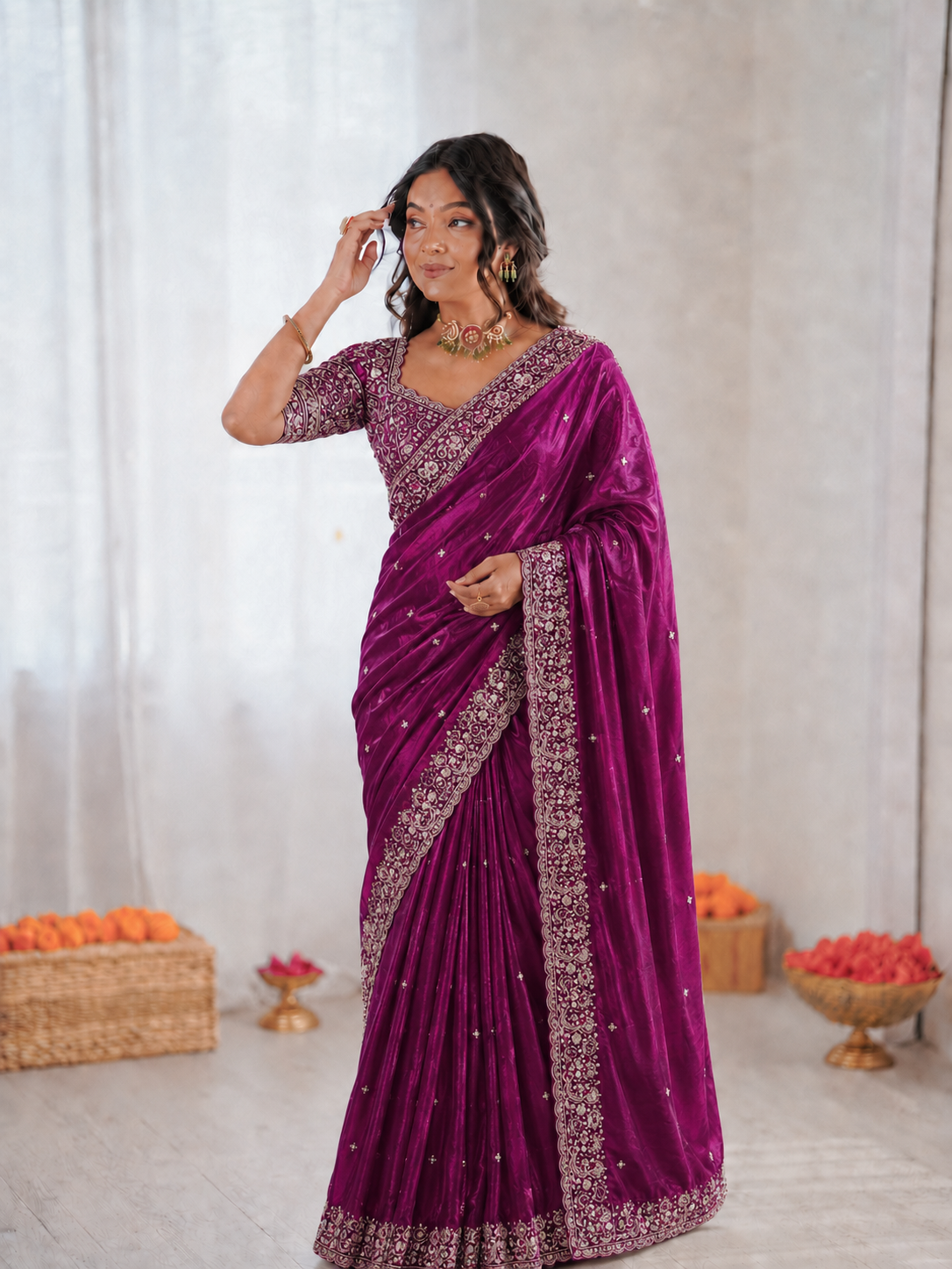 Beautiful Soft Fandy Satin Silk With Embroidery Sequence Work Saree