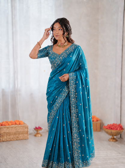 Beautiful Soft Fandy Satin Silk With Embroidery Sequence Work Saree