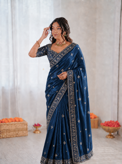 Beautiful Soft Fandy Satin Silk With Embroidery Sequence Work Saree