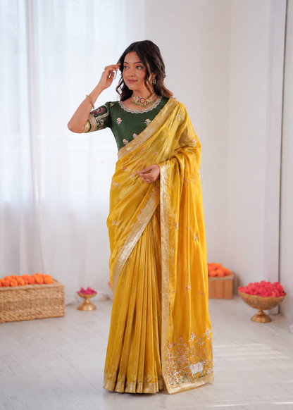 Beautiful Pure Soft Tissue Silk With Elegant Applique Work Saree
