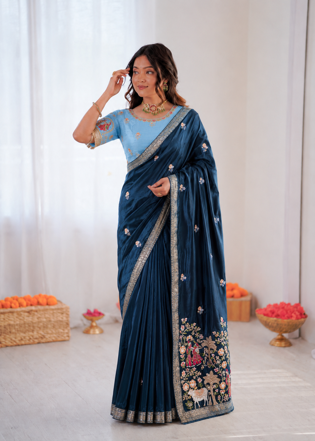 Beautiful Pure Soft Tissue Silk With Elegant Applique Work Saree