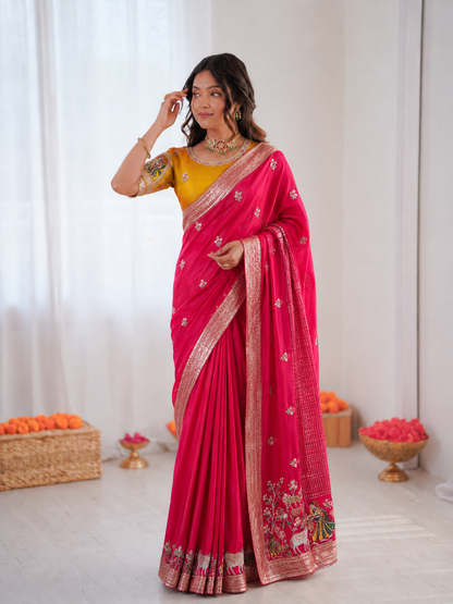 Beautiful Pure Soft Tissue Silk With Elegant Applique Work Saree