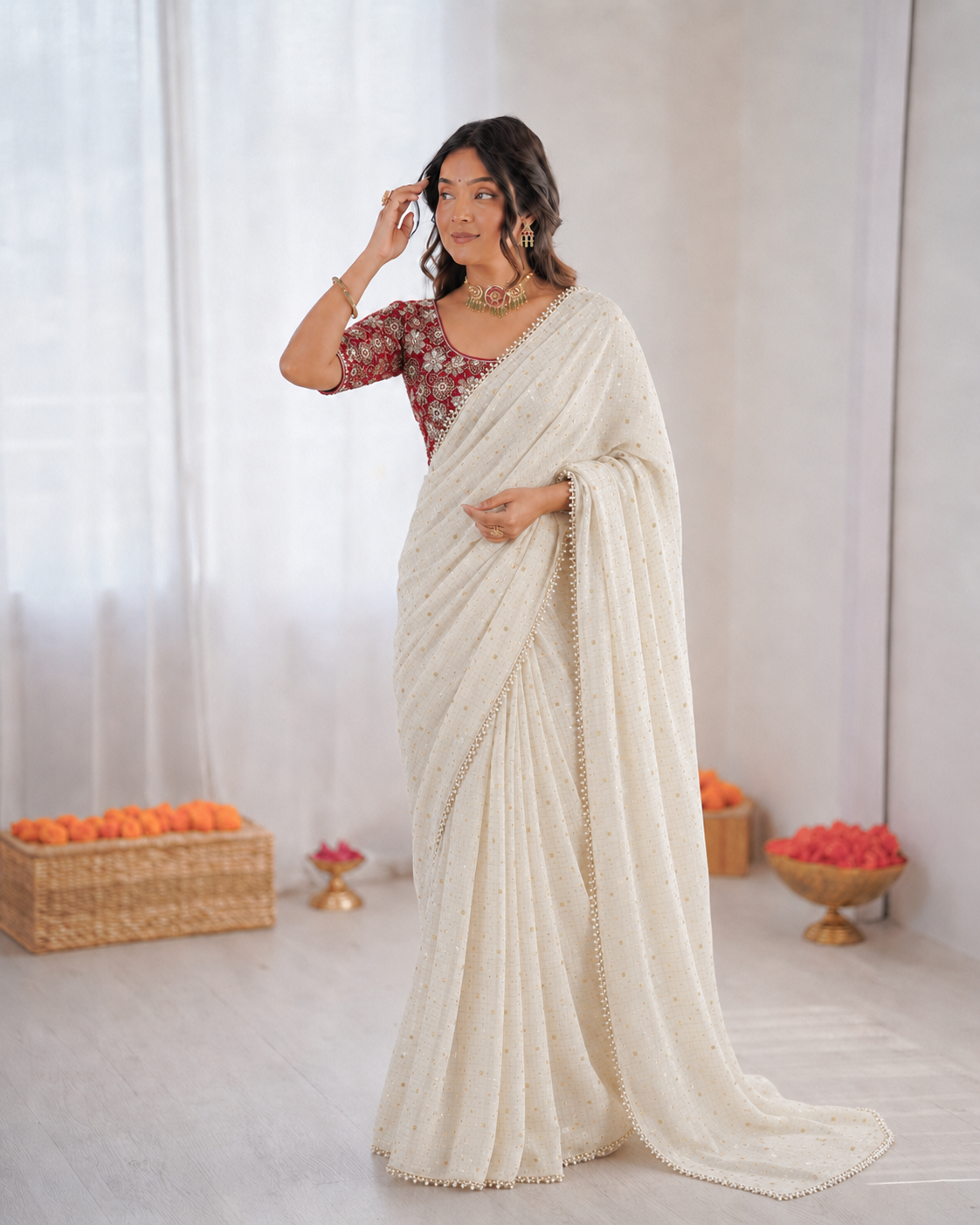 Beautiful Soft Rich Crunchy Georgette With Dual Gold & Silver Zari Butti Work Saree