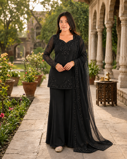Beautiful Soft Rich Natural Crepe Farshi With Thread & Sequence Work Salwar Suit