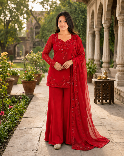 Beautiful Soft Rich Natural Crepe Farshi With Thread & Sequence Work Salwar Suit