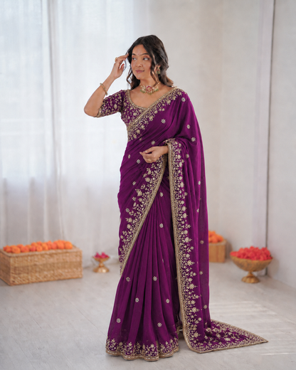 Beautiful Soft Rich Fendy Satin Silk With Sequence Embroidery Work Saree