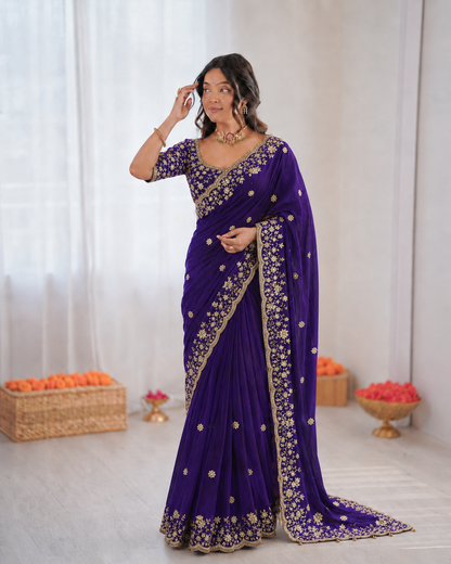 Beautiful Soft Rich Fendy Satin Silk With Sequence Embroidery Work Saree