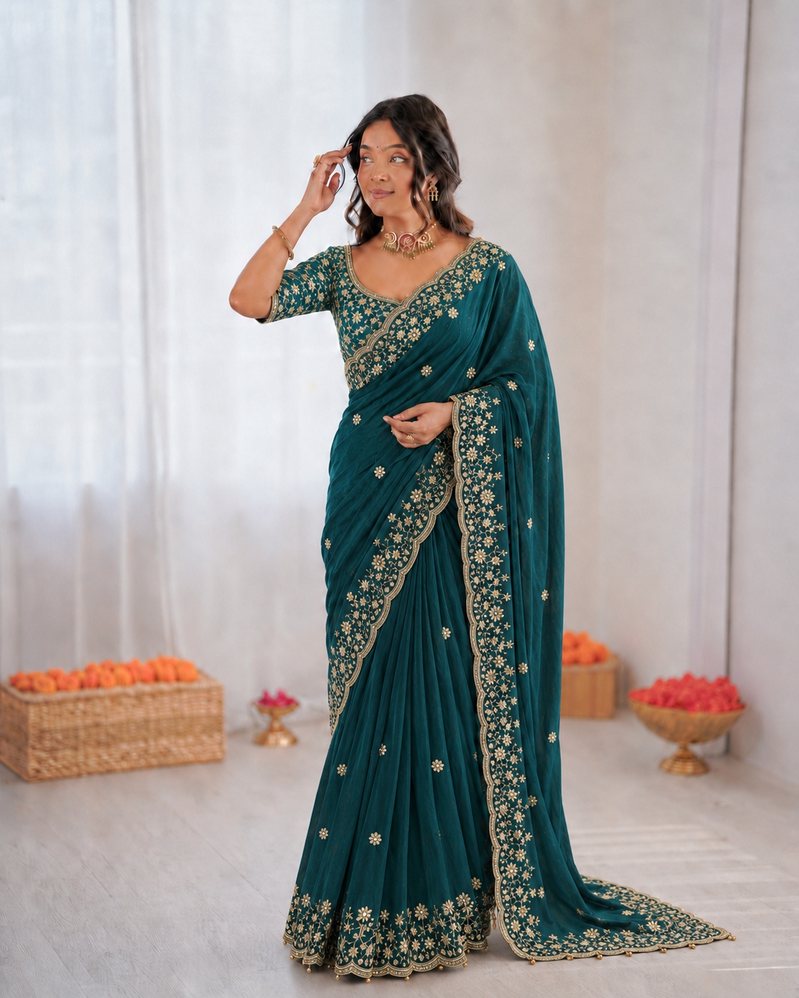 Beautiful Soft Rich Fendy Satin Silk With Sequence Embroidery Work Saree