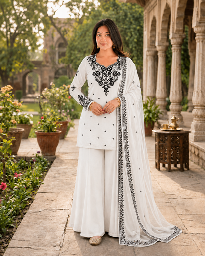 Beautiful Soft Rich Natural Crepe Farshi With Thread & Sequence Work Salwar Suit