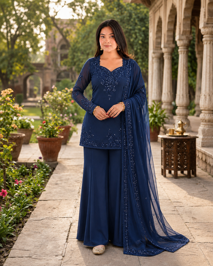 Beautiful Soft Rich Natural Crepe Farshi With Thread & Sequence Work Salwar Suit