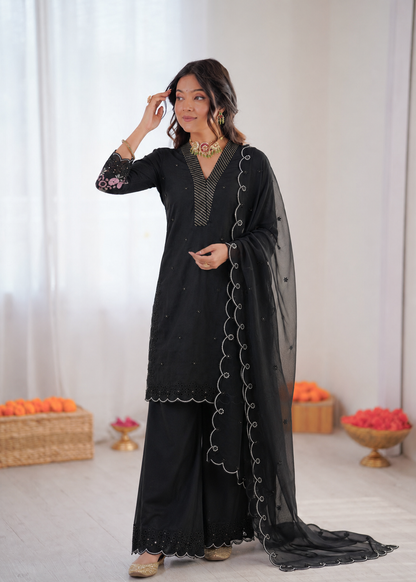 Beautiful Soft Rich Mal Chanderi With Sequence Embroidery Work Plazzo Suit