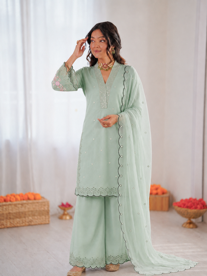 Beautiful Soft Rich Mal Chanderi With Sequence Embroidery Work Plazzo Suit