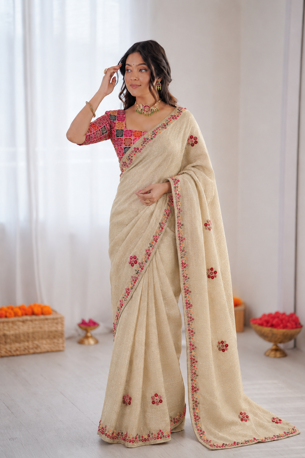 Beautiful Soft Rich Kota Doriya Silk With Rajasthani Bandhani Patch Work Saree
