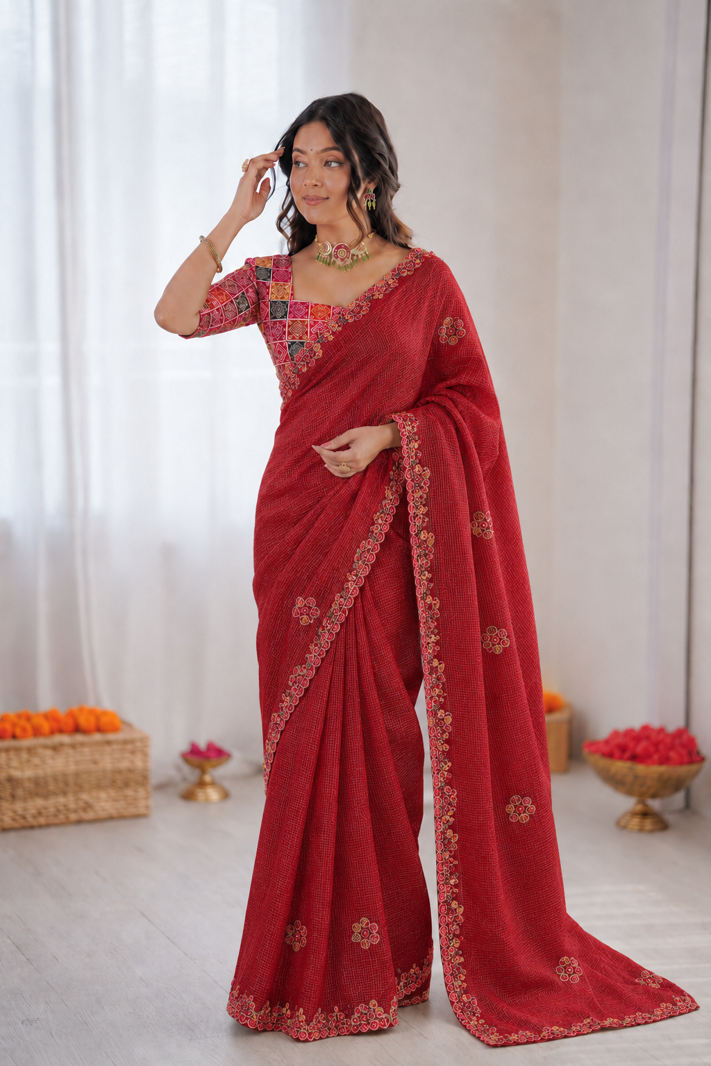 Beautiful Soft Rich Kota Doriya Silk With Rajasthani Bandhani Patch Work Saree