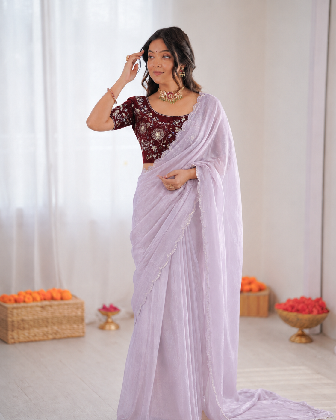 Beautiful Soft Rich Fendy Satin Silk With Hand Cutdana Moti Work Saree